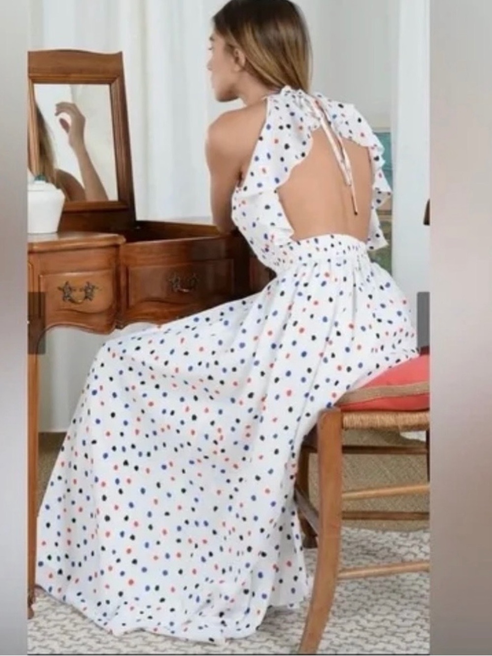 Molly Bracken White Polka Dot Open-Back Maxi Dress